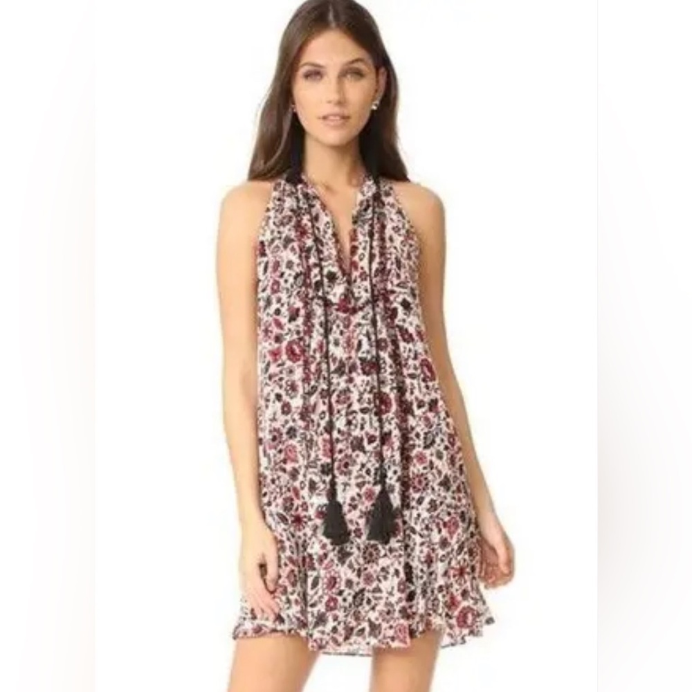 A.L.C. Hadley 100% Silk Floral Babydoll Dress Halter Mini Tassels Red Black 6